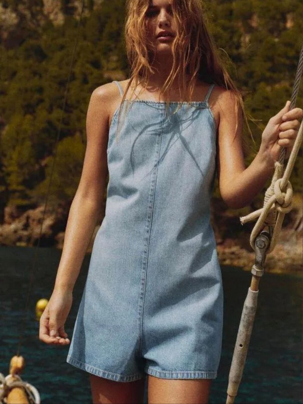 Zara TRF Halter Denim Short Jumpsuit | Open Back | M